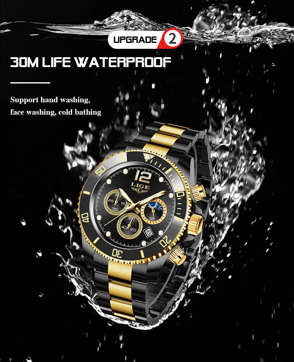 Mens Watches LIGE Top Brand Luxury Watch for Men Waterproof Sports Stainless Chronograph Quartz Wristwatch Relogio Masculino+Box