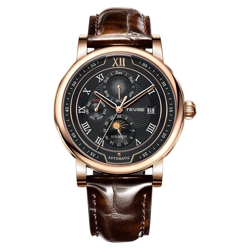 2025 TEVISE Top Brand Luxury Leather Watch For Men Business Waterproof Mens Mechanical Watches Moon Phase Automatic Wristwatch