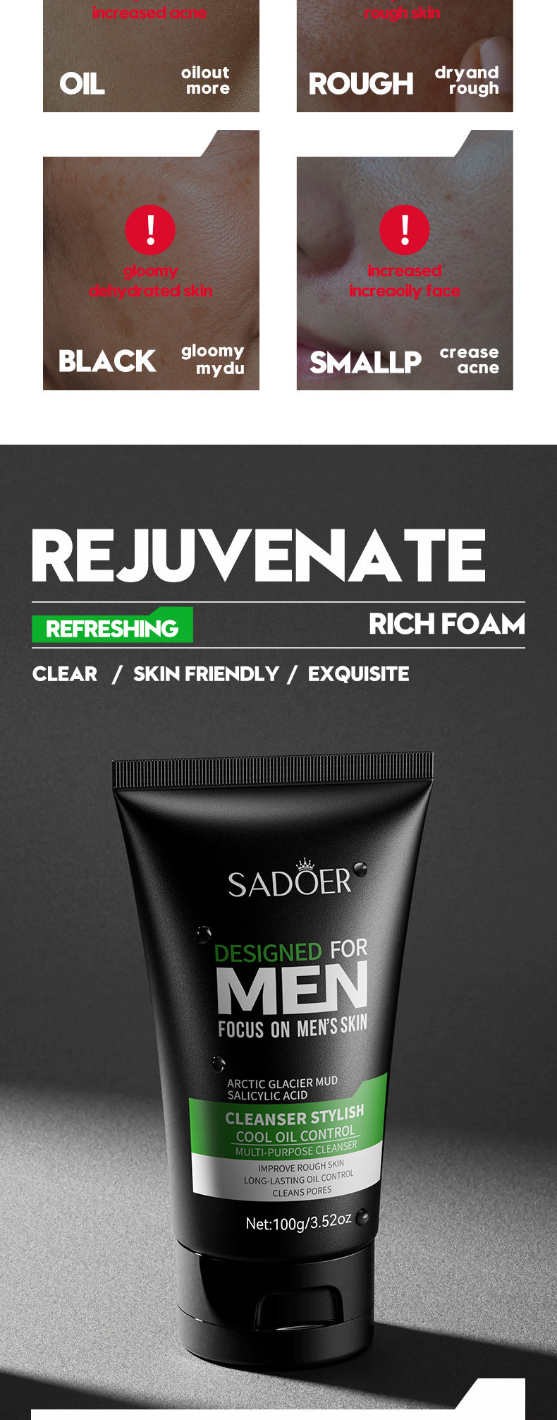 Men's Facial Cleanser Deep Clean Improve Oily Face Wash Cream Face Wash Foam Brightening Rejuvenation Face Cleanser Skin Care