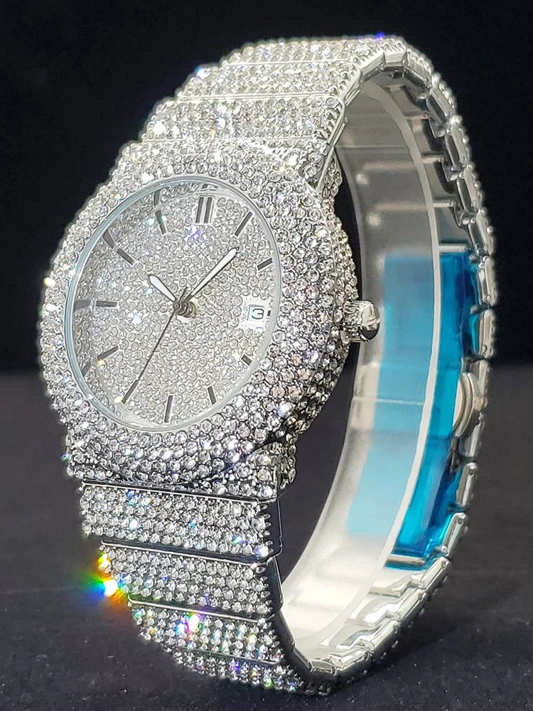 Luxury Watches For Men Full Diamond Iced Hip Hop Stylish Quartz Watch For Male Waterproof Calendar Men's Wristwatches Gift New