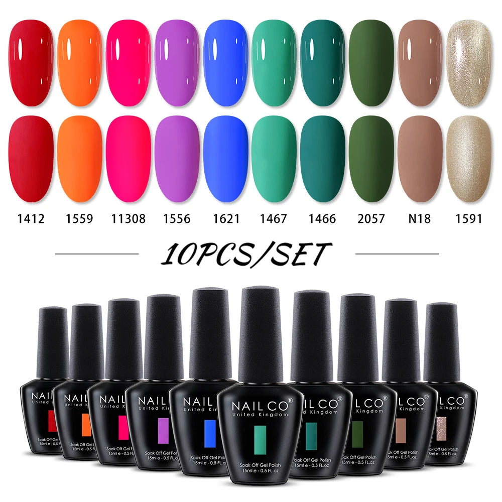 NAILCO 10PCS/Set Gel Nail Polish Gorgeous Full Coverage Semi Permanent Soak Off UV LED Gel Nail Art Base Top Coat Gel Polish Kit