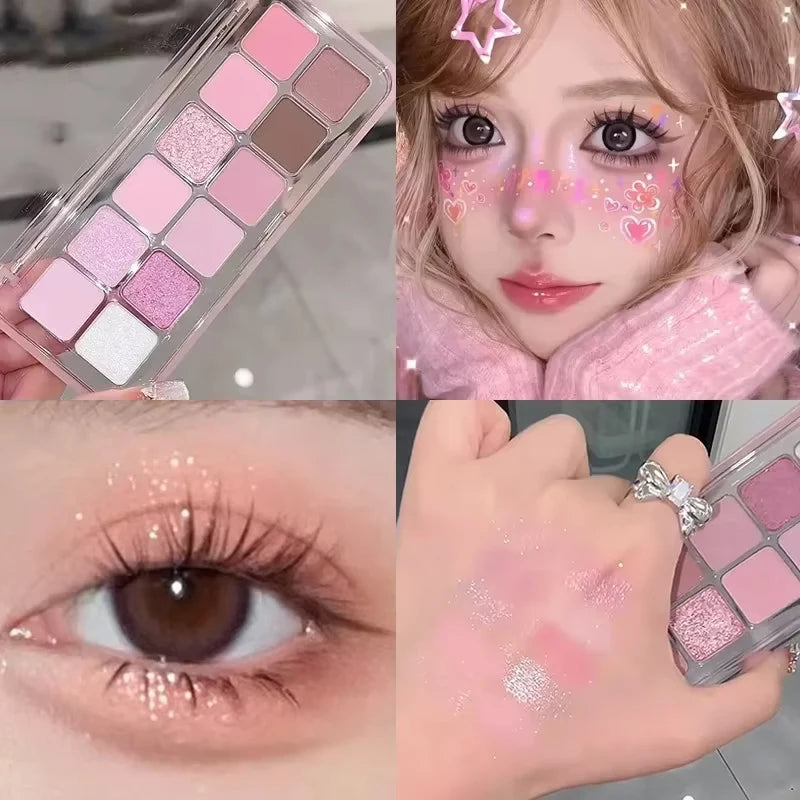 12 Colors Pink Eye Shadow Pallete Clear Glitter Pearl ,Girl Beginner Makeup Nude Eyeshadow Low Saturation Korean Cosmetics