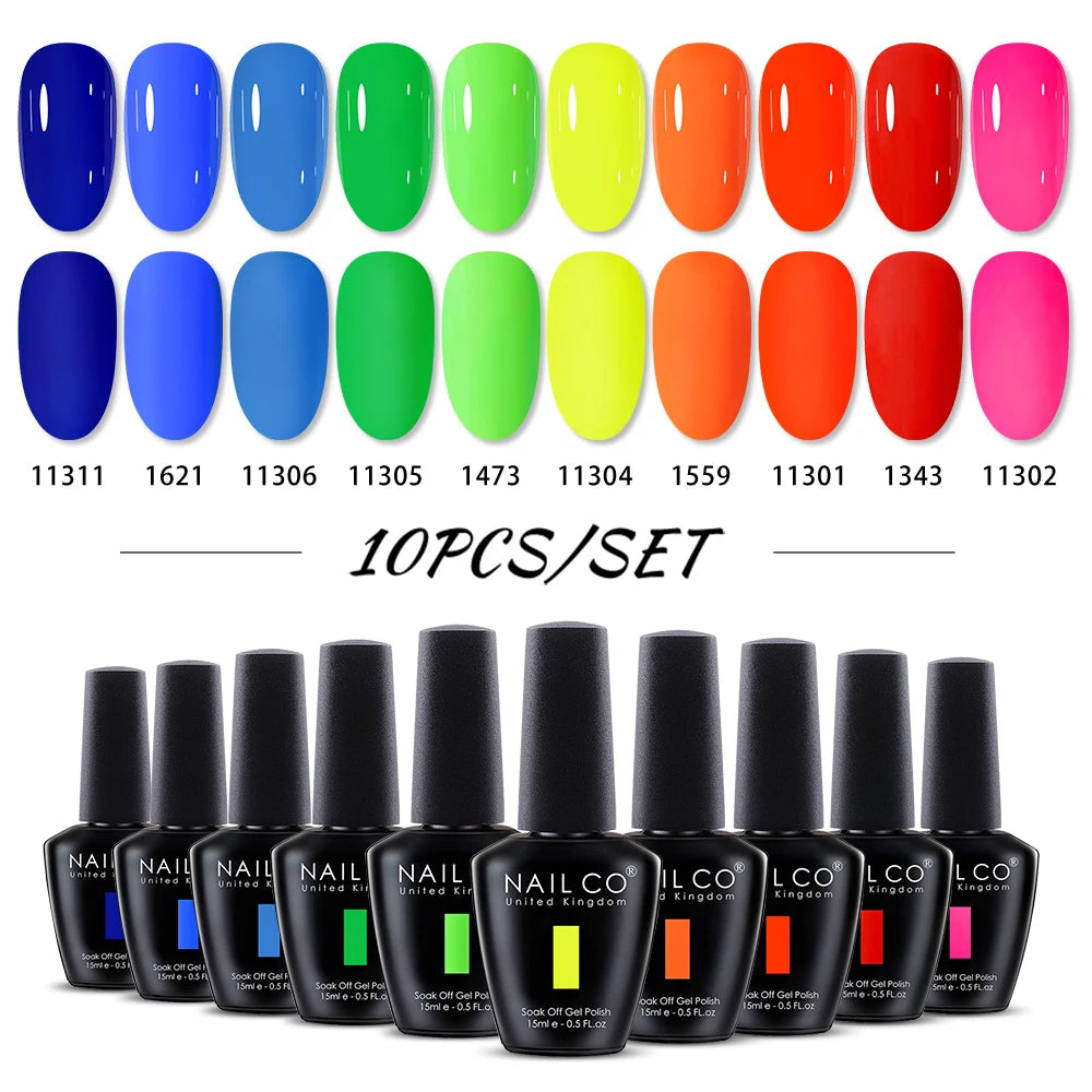 NAILCO 10PCS/Set Gel Nail Polish Gorgeous Full Coverage Semi Permanent Soak Off UV LED Gel Nail Art Base Top Coat Gel Polish Kit
