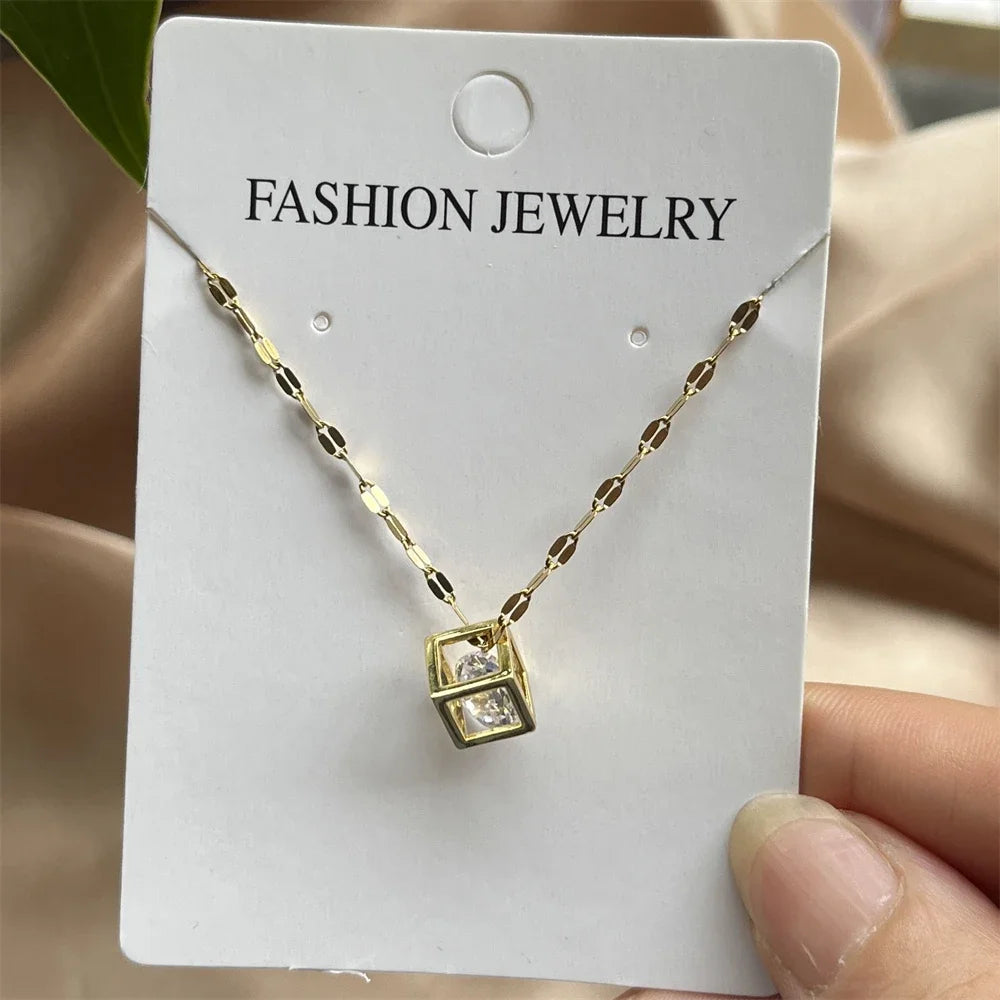 Charms Necklace For Women Aesthetic Cube White Zircon Gold Color Choker Chain On Neck Jewelry Korean Pendants