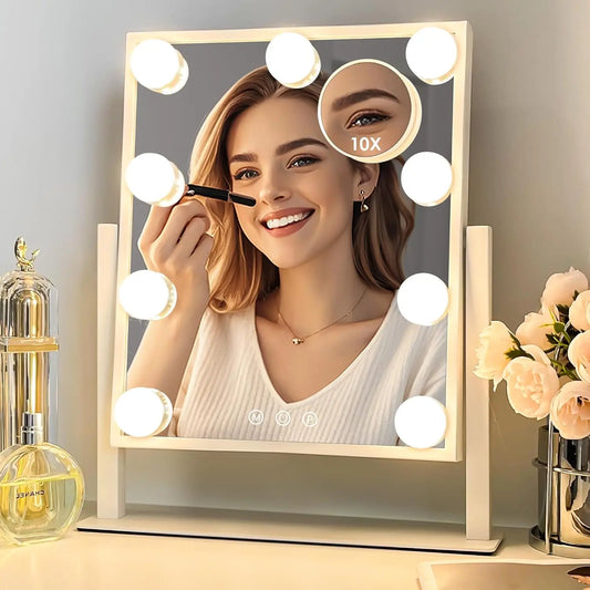 Makeup Mirror with 9 Bulbs Lights LED Vanity Mirror,3 Color Mode Dimming,Detachable 10X Zoom Mirror,360° Rotation,Metal Frame