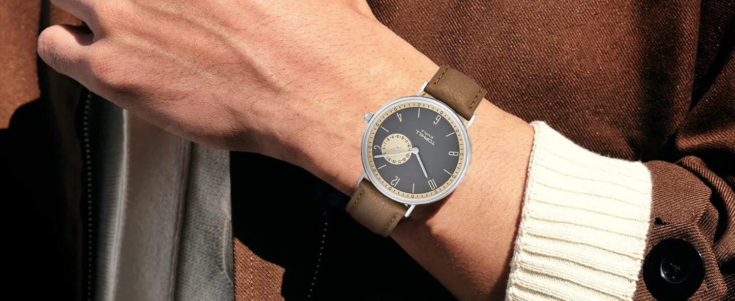TOPHILL Men's Bauhaus Quartz Watch Ultra Slim 40mm Minimalist Dial Sapphire Glass Leather Strap Stainless Steel Case