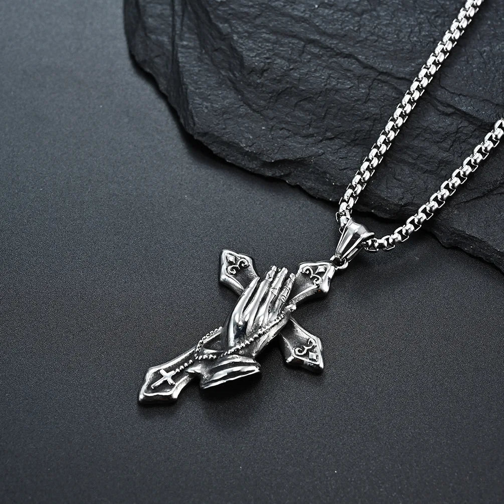 Necklace For Men National Retro Style Hand Of Prayer Stainless Steel Cross Fresh Fashion Necklace Personality Niche Pendant