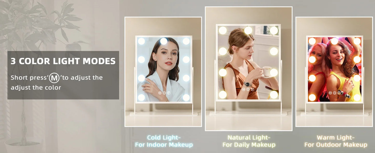 Makeup Mirror with 9 Bulbs Lights LED Vanity Mirror,3 Color Mode Dimming,Detachable 10X Zoom Mirror,360° Rotation,Metal Frame