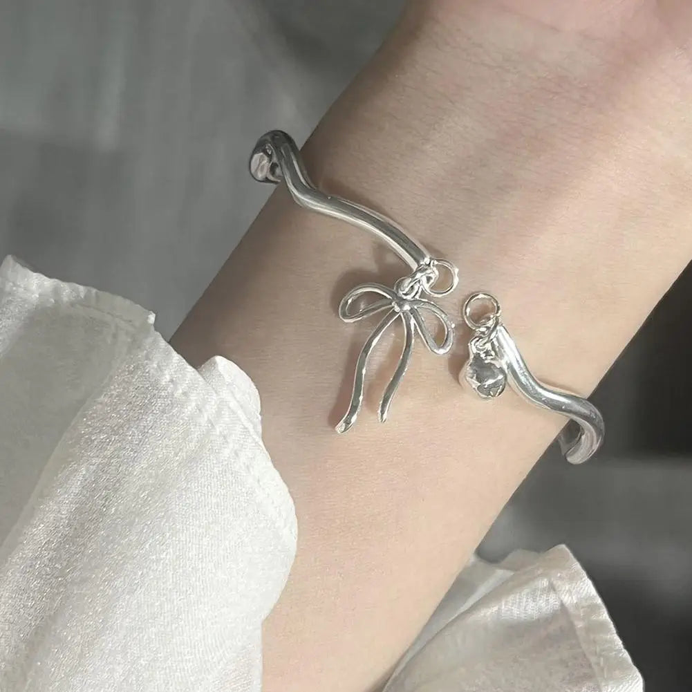 Luxury Silver Bow Knot Bell Bracelet Adjustable Open Girls Women