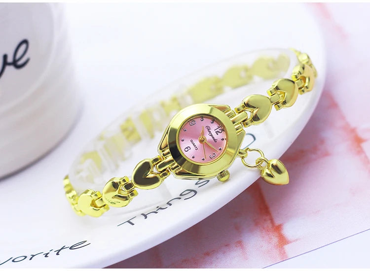 Luxury Woman Lady Gold Love Pendant Bangle Bracelet Wristwatches Young Female Girls Fashion Waterproof Gifts Thin Strap Watches