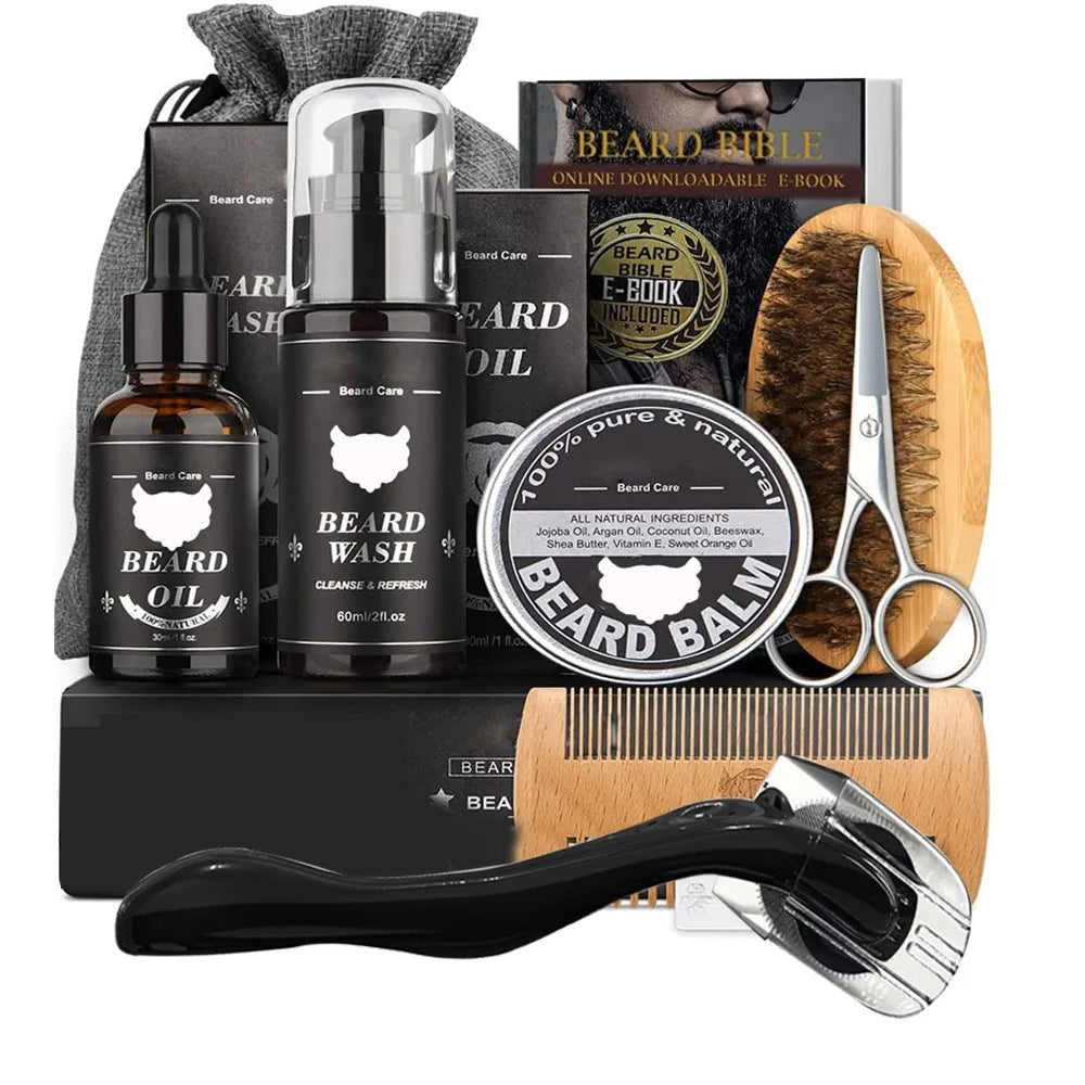 5/7/8 PCS Men's Beard care full set beard comb Balm Double-sided comb with roller beard growth liquid