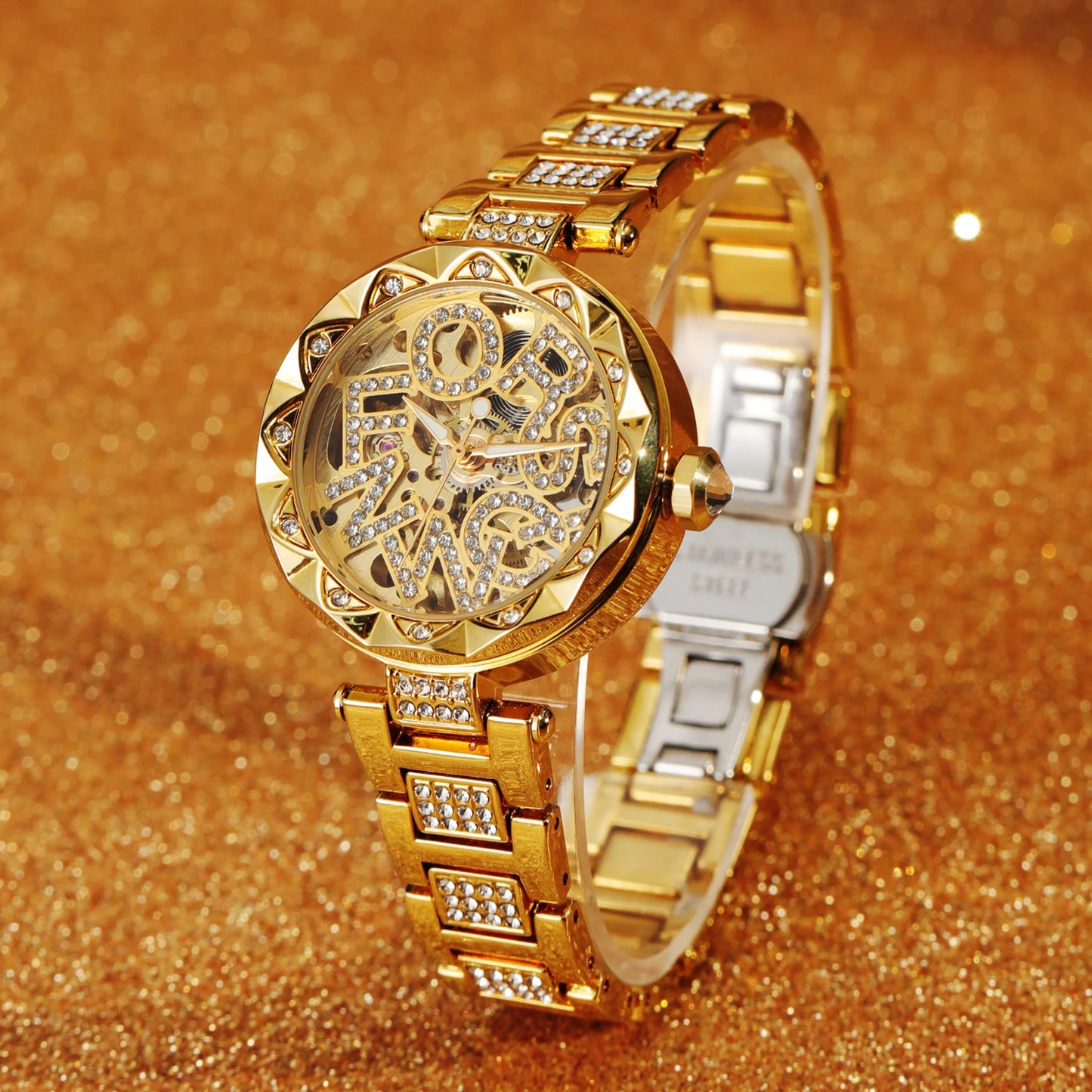 Luxury Brands Fashion 2025 New Women's Watches 3D Diamond Stainless Steel Skeleton Mechanical Clock Elegant Ladies Wedding Gift