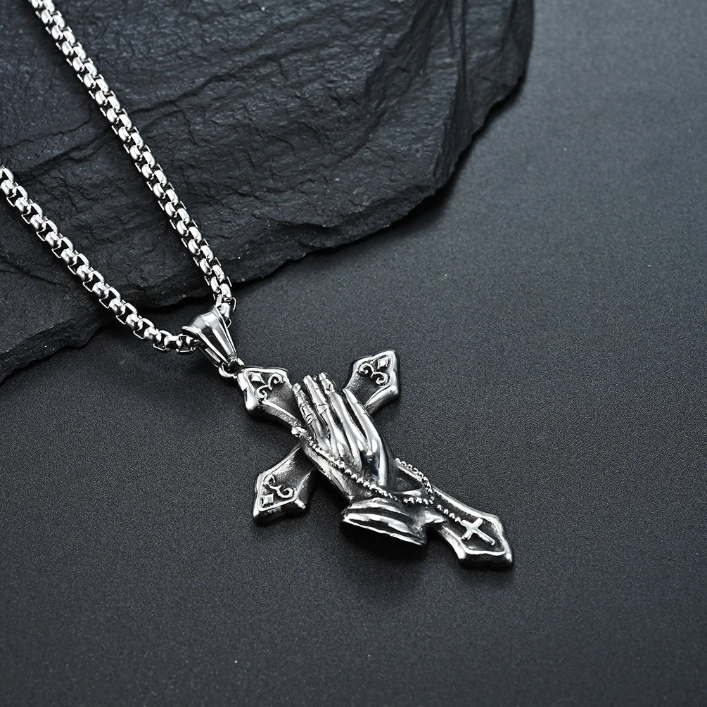 Necklace For Men National Retro Style Hand Of Prayer Stainless Steel Cross Fresh Fashion Necklace Personality Niche Pendant