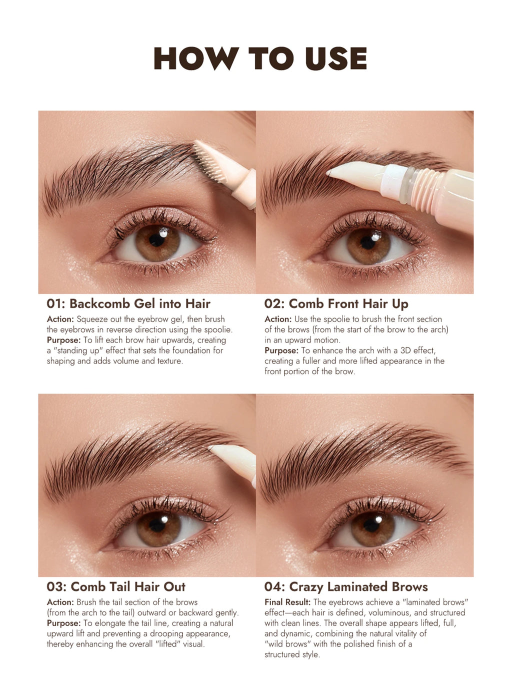 Clear Eyebrow Gel – Lightweight, non-flaky formula with micro comb applicator for even coverage, natural texture, and perfect br