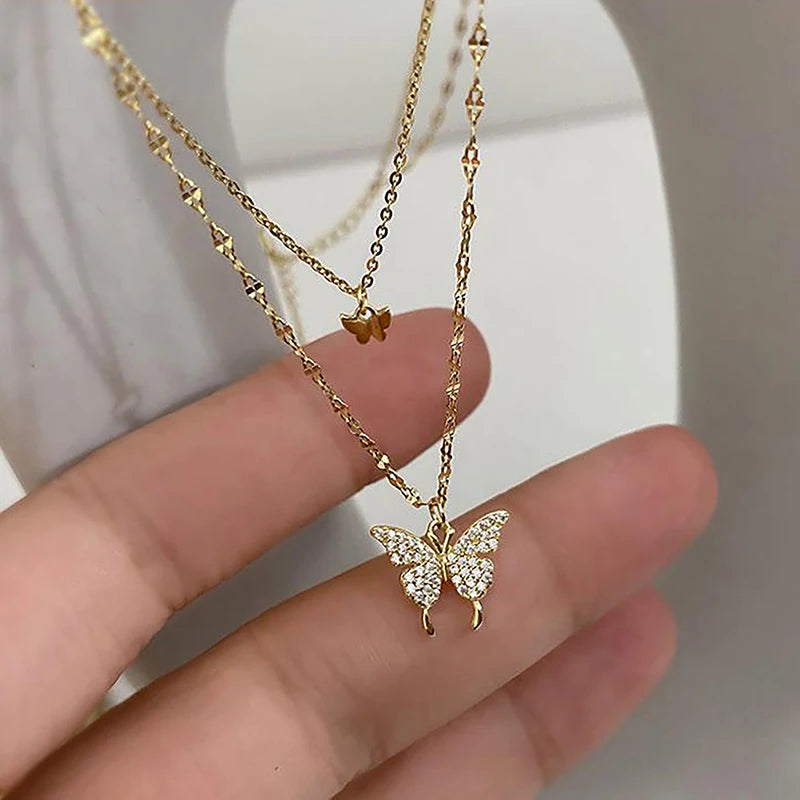 Fashion Shiny Butterfly Necklace Ladies Exquisite Double Layer Clavicle Chain Cool Neck Chain For Women Jewelry Gift