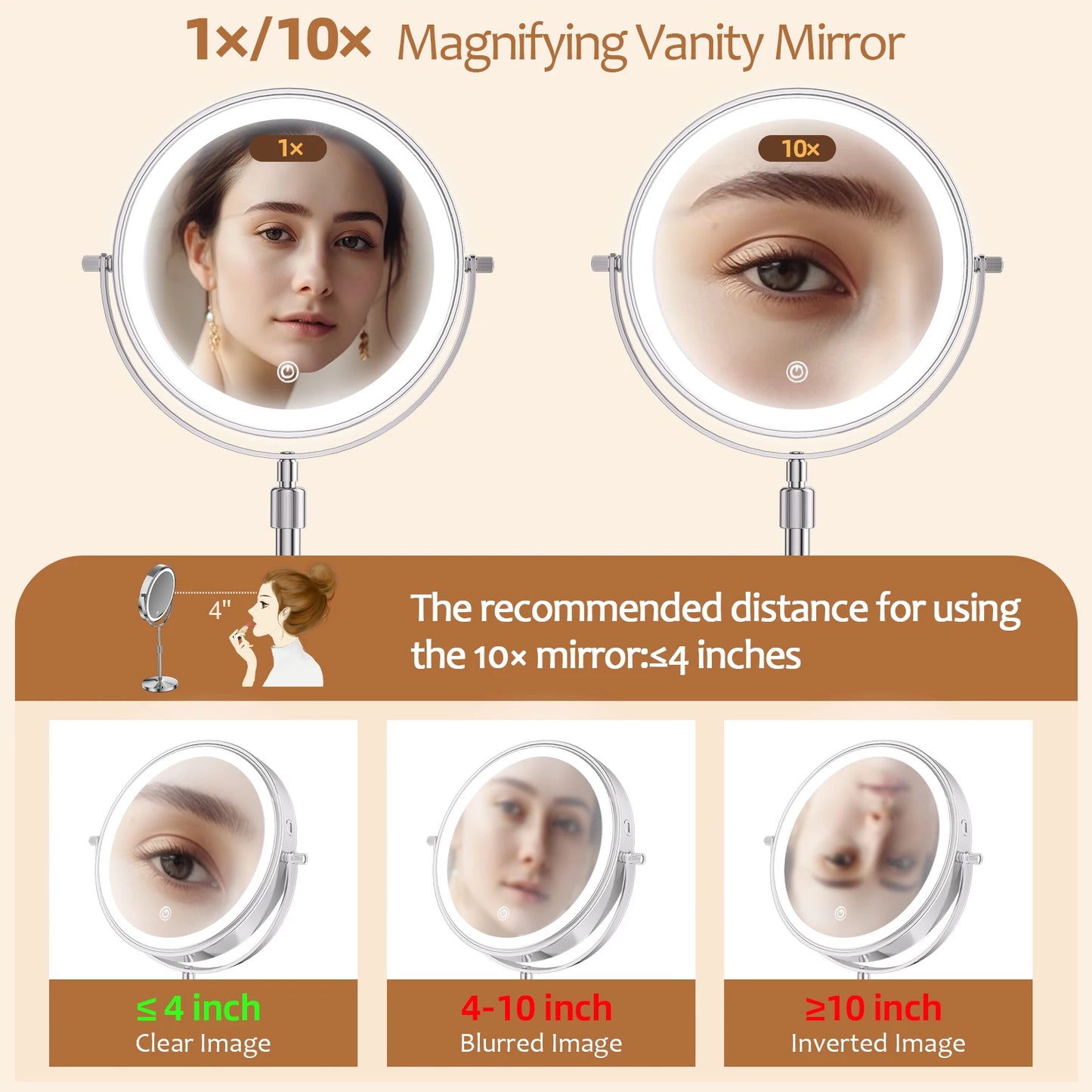 3 Color Lights Makeup Mirror With Light Lamp 10X Magnification 8 Inch Adjustable Brightness Height Standing Cosmetic Mirror