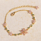 Luxury Pink Zircon Flower Bracelet For Women Girls Sweet Gold Color Crystal Adjustable Bracelet Jewelry Gift