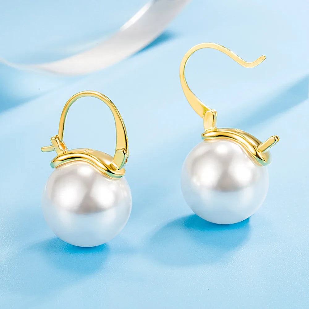 S925 Sterling Silver Jewelry Women Earrings 12MM/14MM Round Pearl Stone Earwires Jewelry Wedding Engagement Party Accessories