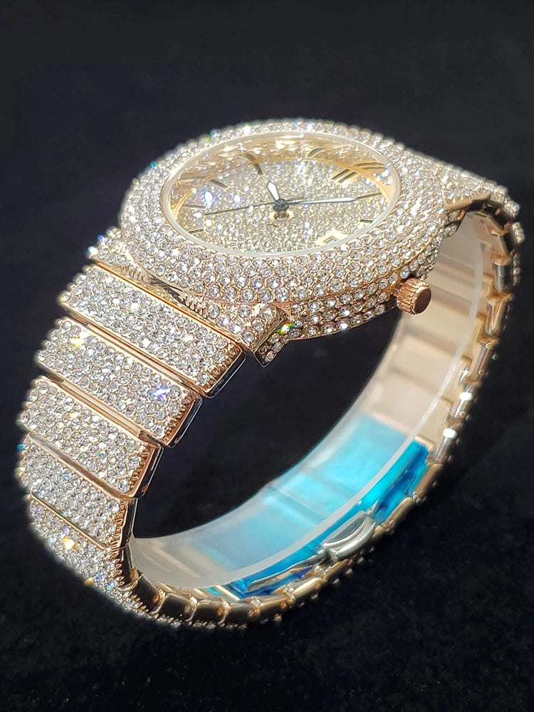 Luxury Watches For Men Full Diamond Iced Hip Hop Stylish Quartz Watch For Male Waterproof Calendar Men's Wristwatches Gift New
