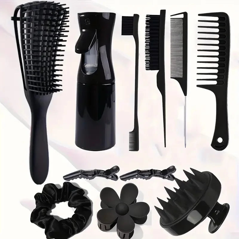 11pcs Hair Brush Set, Comb Set for Teasing, Edge & Back Brushing, Curly Hair Brush Set with Spray Bottle forDetangling Brush