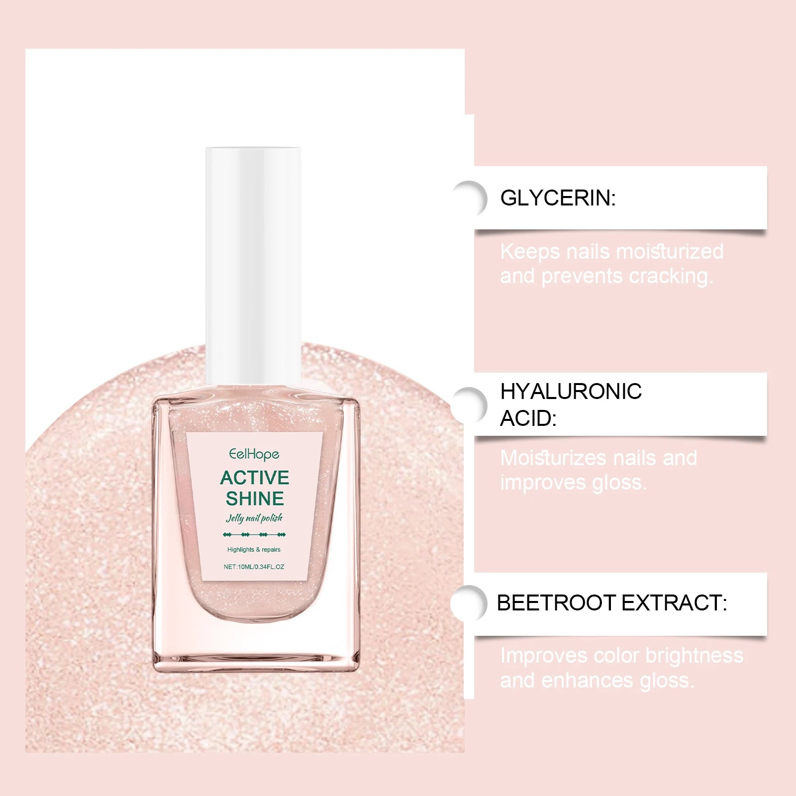 Jelly Nail Polish - Transparent Pink Water-Based Nail Polish, Autumn & Winter Shade, Skin-Whitening, Fine Glitter, Girly Pink