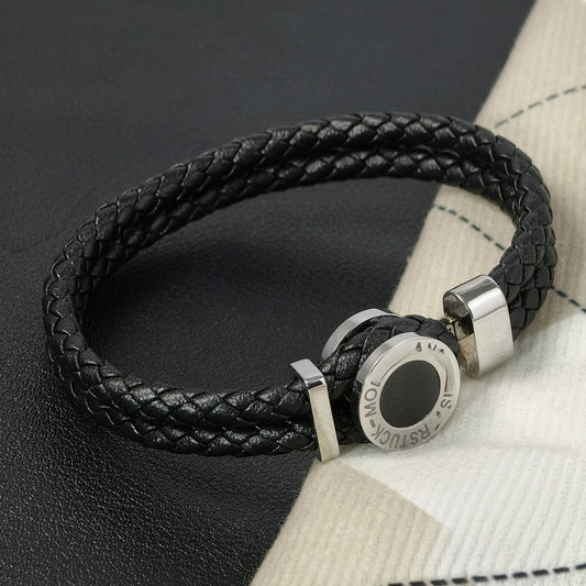Trendy MB Bracelet for Men -Stainless Steel Chain with Leather
