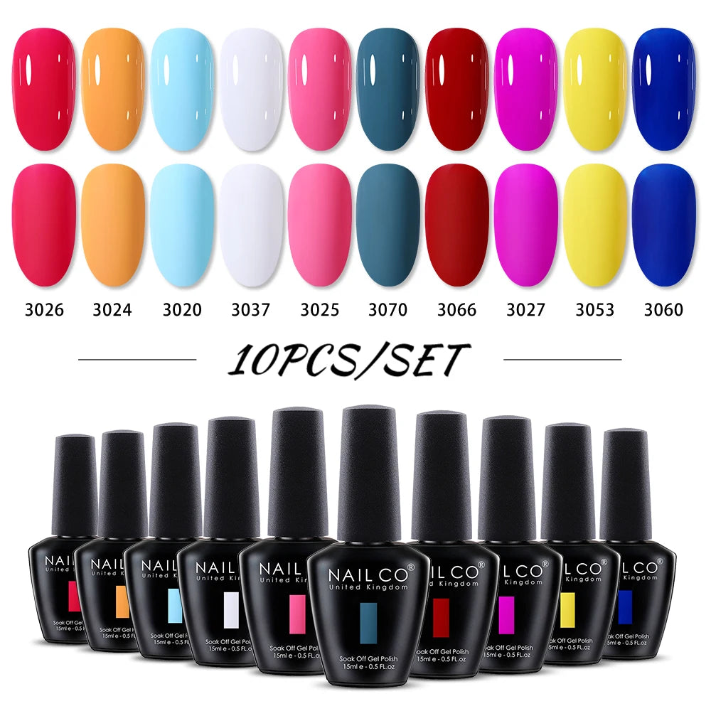 NAILCO 10PCS/Set Gel Nail Polish Gorgeous Full Coverage Semi Permanent Soak Off UV LED Gel Nail Art Base Top Coat Gel Polish Kit