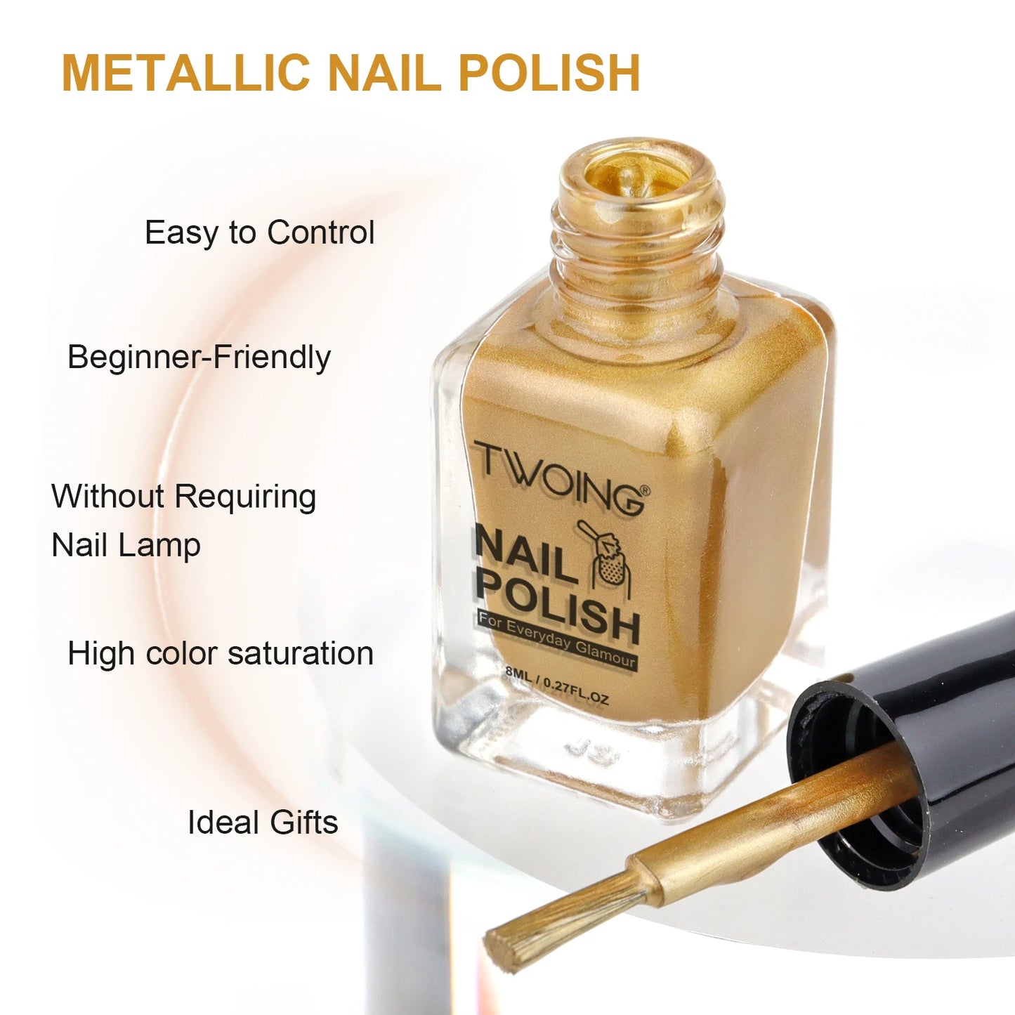8ml Gold Metallic Nail Polish Bright Metal Mirror Nail Polish, Lasting，High Shine，Manicure Nail Lacquers Quick-Dry Manicure Art