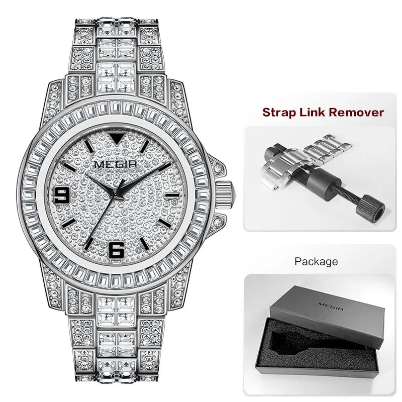 MEGIR New Golden Luxury Watches for Women Fashion Crystal-accented Waterproof Quartz Wristwatch with Stainless Steel Strap