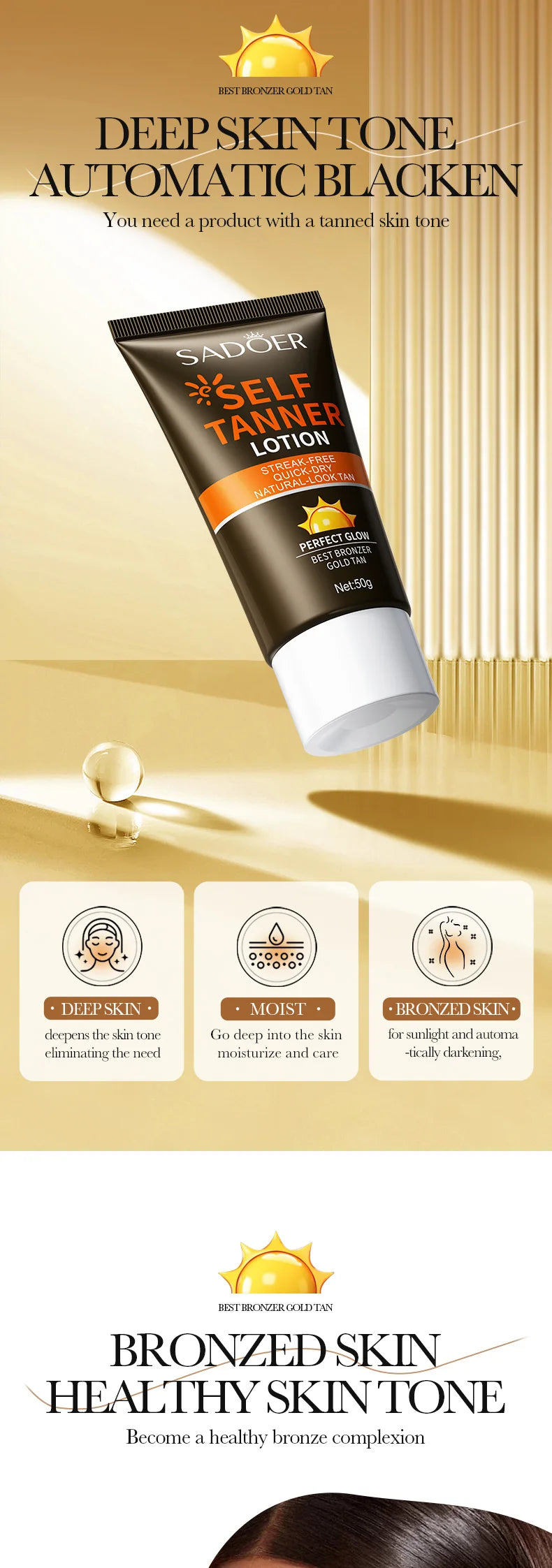 SADOER Body Self Tanners & Bronzer，Summer beach tanning cream darkening lotion，Facial Self Tanners & Bronzers lasting