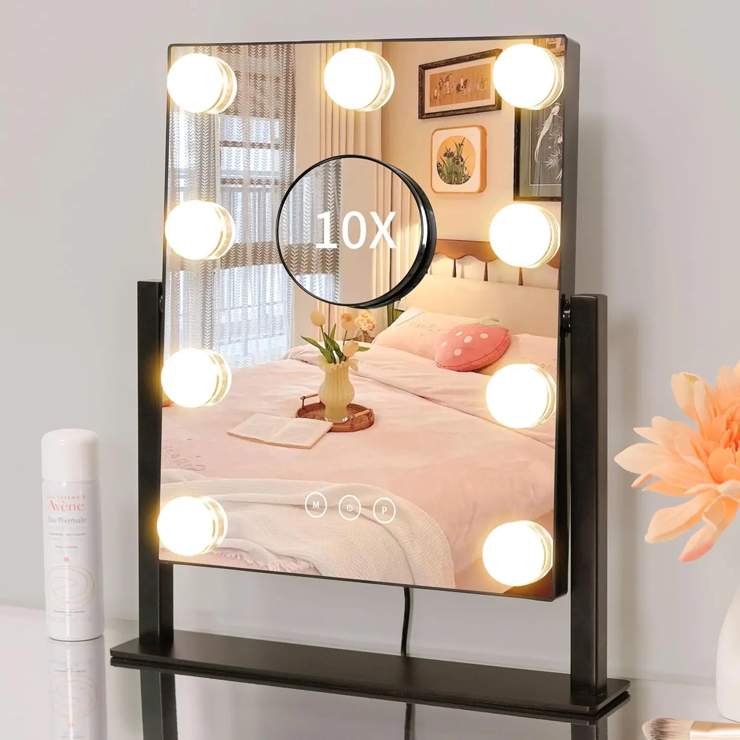 Makeup Mirror with 9 Bulbs Lights LED Vanity Mirror,3 Color Mode Dimming,Detachable 10X Zoom Mirror,360° Rotation,Metal Frame