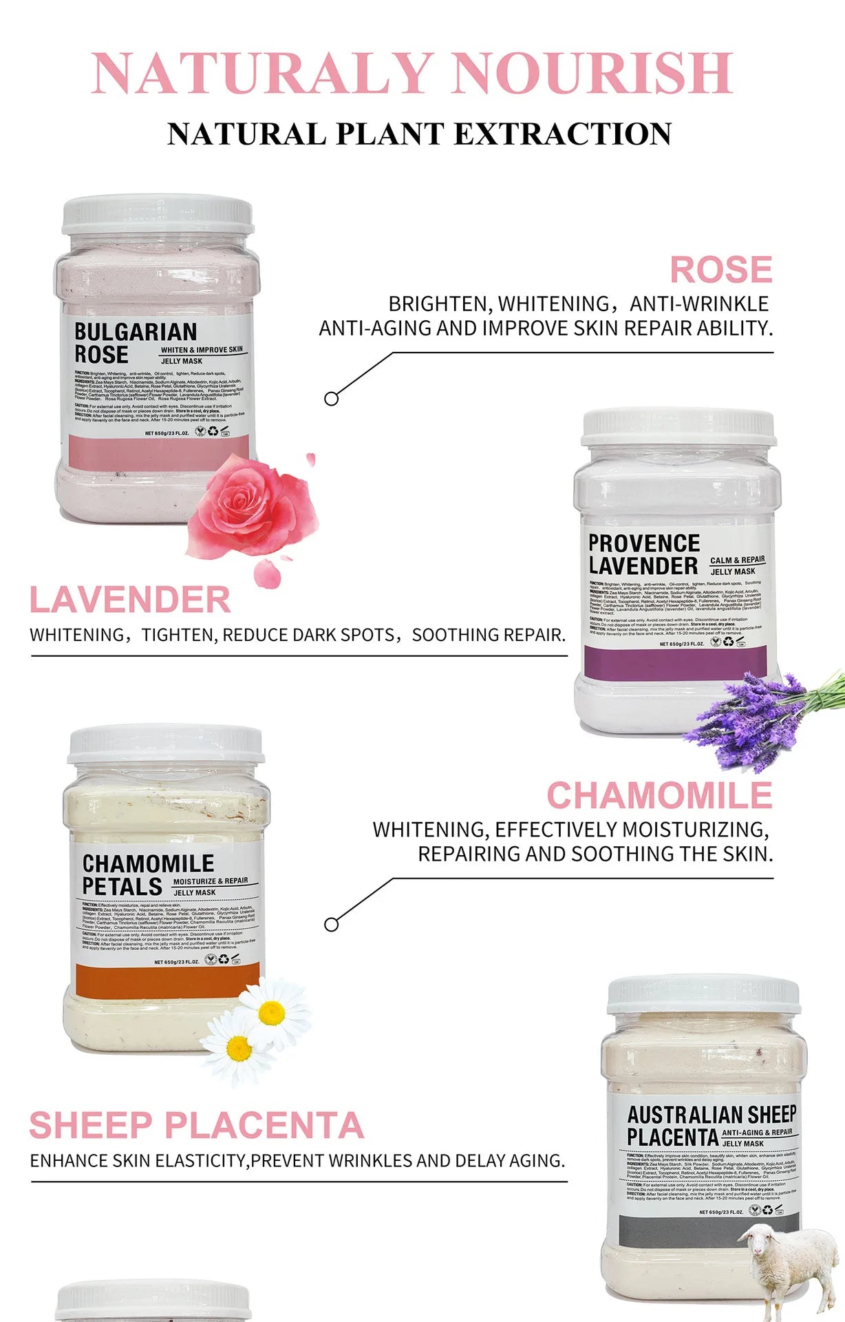 650g Chamomile Hyaluronic Acid Facial Moisturizing Mask Powder with Silicone Brush Increasing Skin Elasticity Rose Jelly Mask