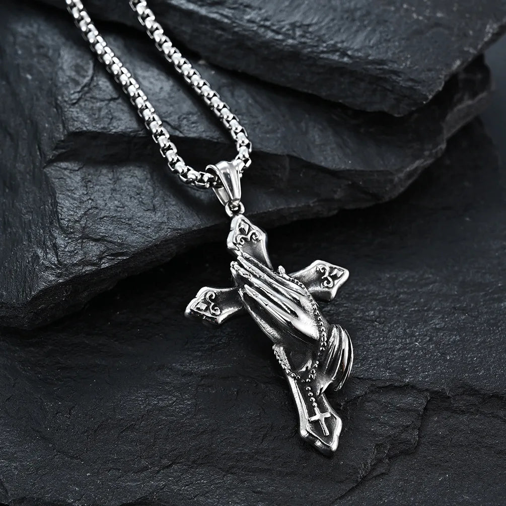 Necklace For Men National Retro Style Hand Of Prayer Stainless Steel Cross Fresh Fashion Necklace Personality Niche Pendant