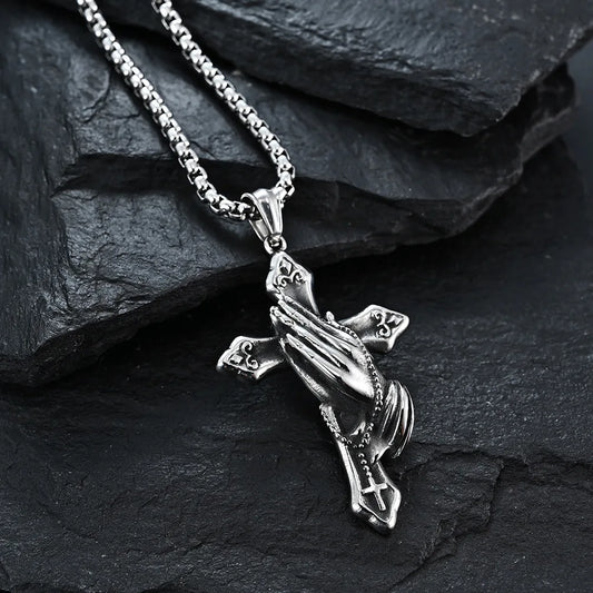 Necklace For Men National Retro Style Hand Of Prayer Stainless Steel Cross Fresh Fashion Necklace Personality Niche Pendant