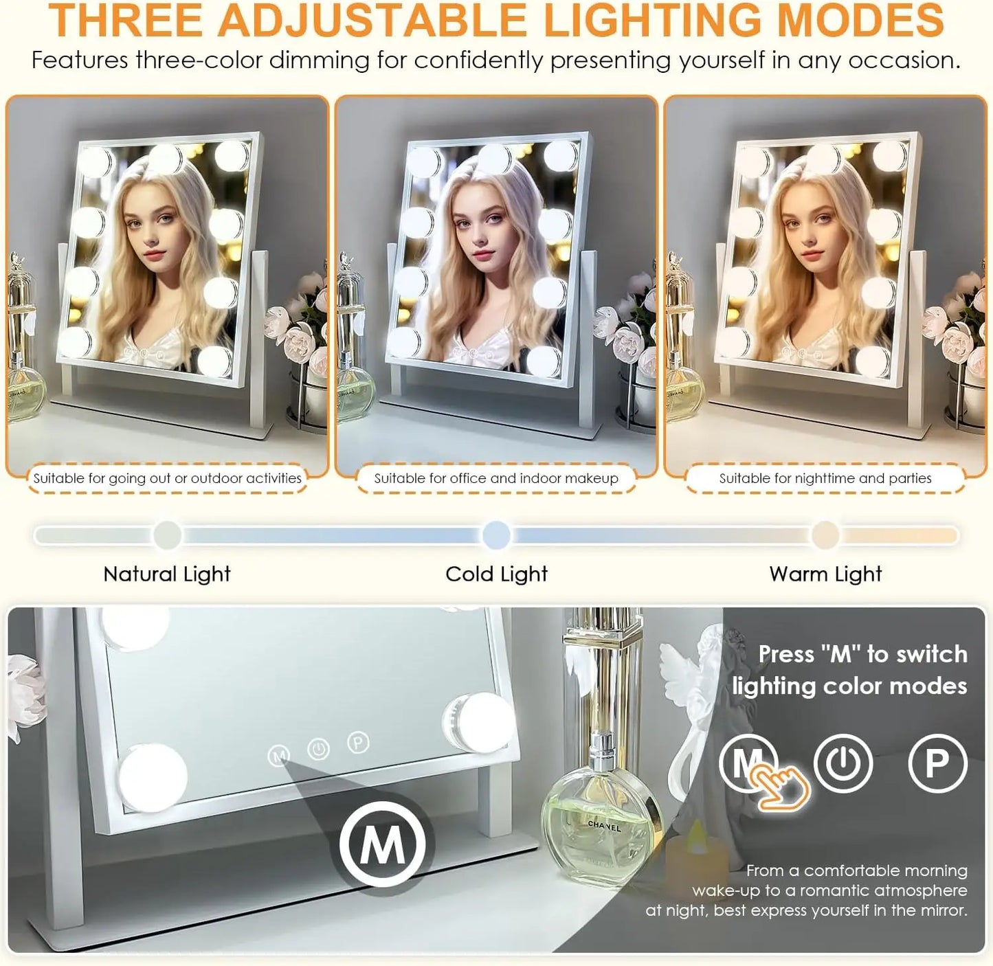 Makeup Mirror with 9 Bulbs Lights LED Vanity Mirror,3 Color Mode Dimming,Detachable 10X Zoom Mirror,360° Rotation,Metal Frame