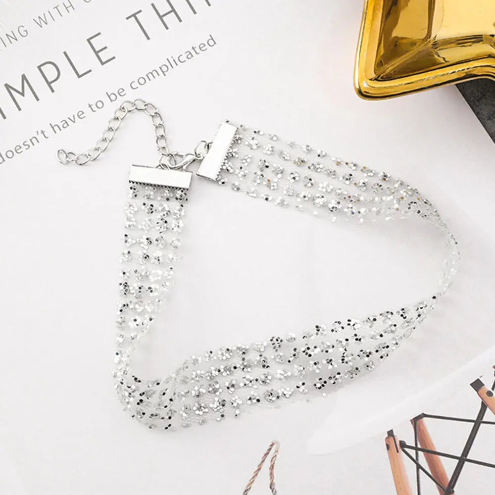 Sexy Wide Metal Collar Choker Necklaces for Women Lace Shiny Sequin Neck Necklace Chain Collars Necklace Elegant Party Jewelry
