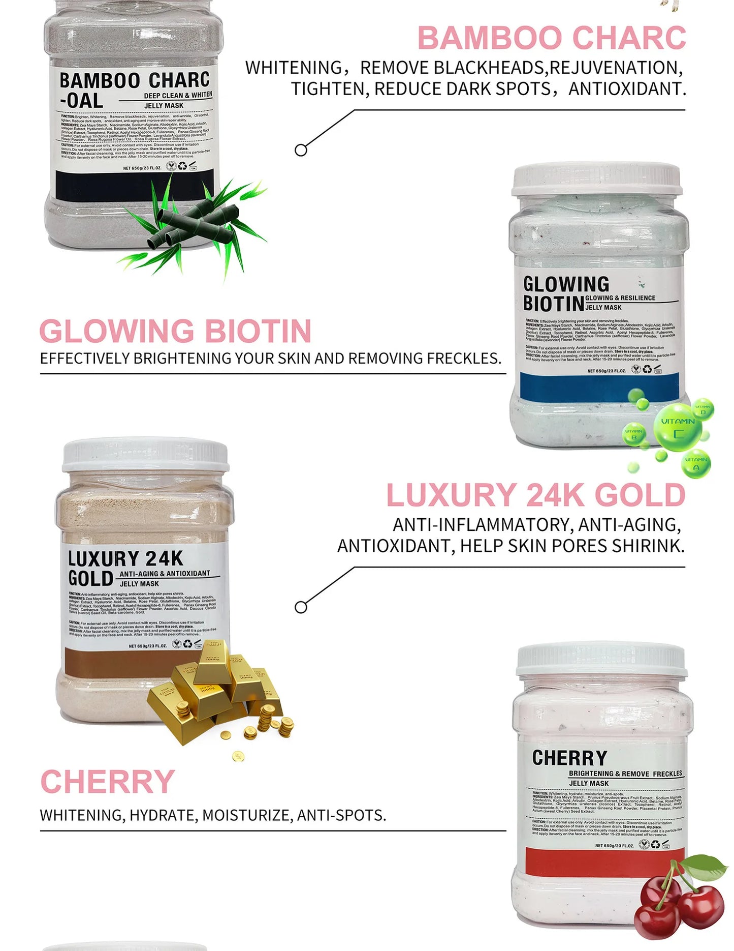 650g Chamomile Hyaluronic Acid Facial Moisturizing Mask Powder with Silicone Brush Increasing Skin Elasticity Rose Jelly Mask