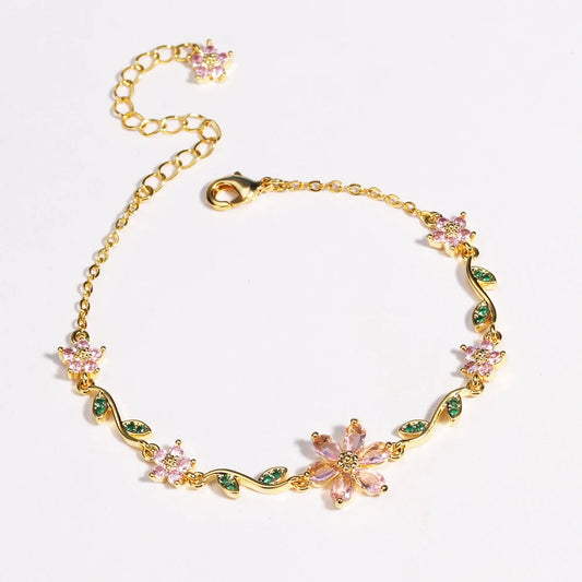 Luxury Pink Zircon Flower Bracelet For Women Girls Sweet Gold Color Crystal Adjustable Bracelet Jewelry Gift