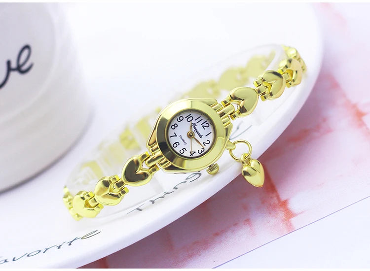 Luxury Woman Lady Gold Love Pendant Bangle Bracelet Wristwatches Young Female Girls Fashion Waterproof Gifts Thin Strap Watches