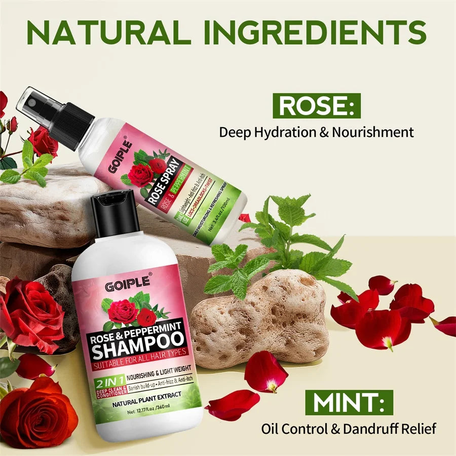 Rose Peppermint Shampoo with Hair Care Spray Moisturizing & Nourishing Conditioner Product Shampoo and Conditioner Set for Women