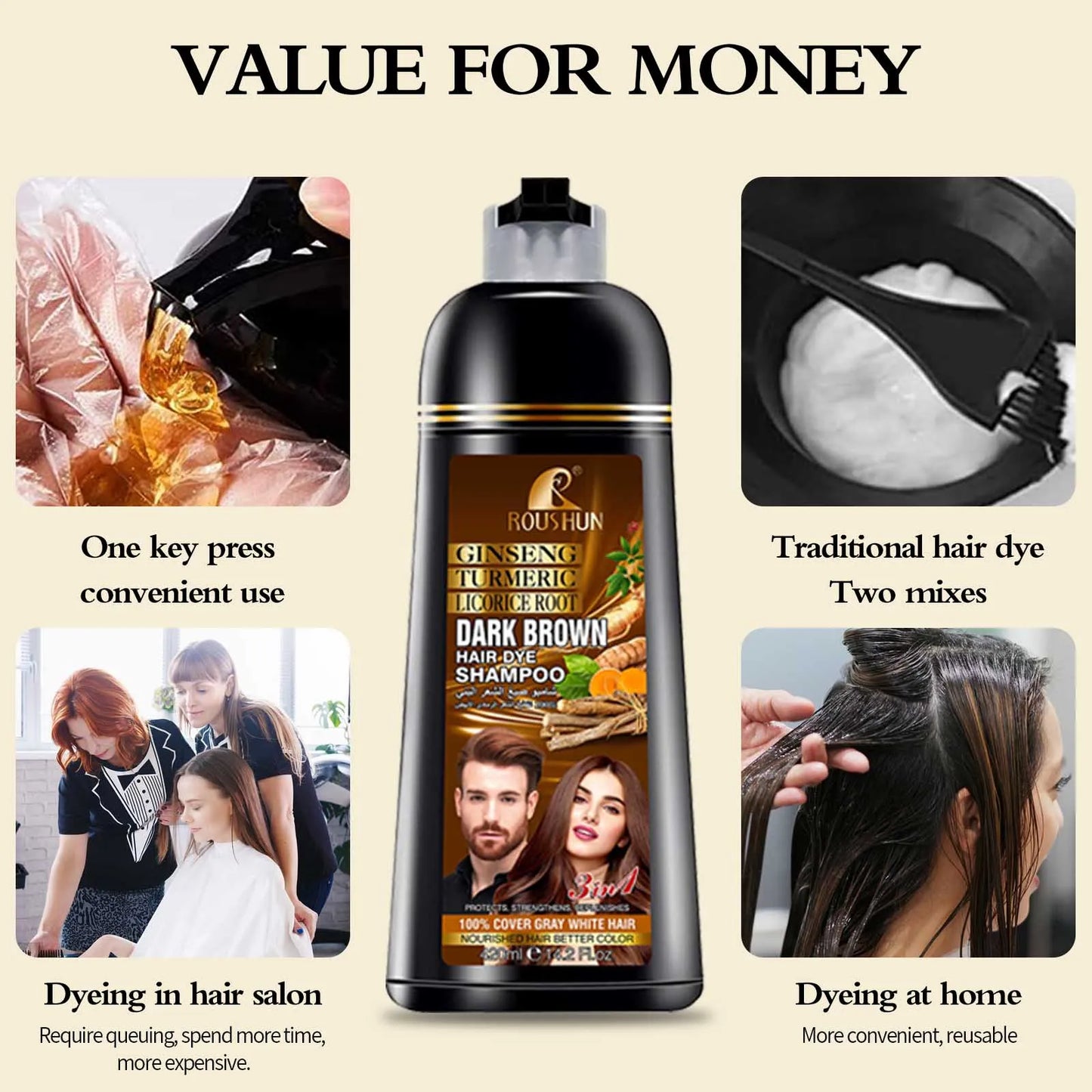 420ml/14.2 Fl.oz Dark Brown Hair Color Shampoo for Gray Hair Instant Hair, Hair Dye Shampoo Natural Long Lasting for Men & Women