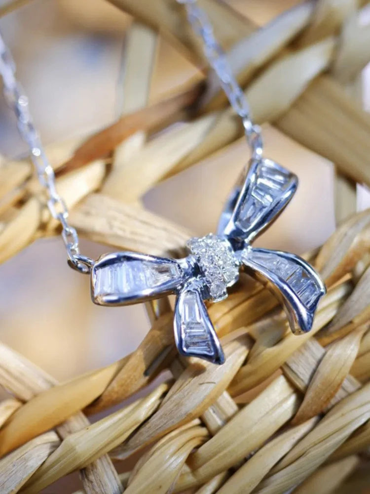 S925 Sterling Silver Women's Necklace Cute Bow Zirconia Pendant Necklace French Jewellery for Daily Wear Holiday Party Gifts