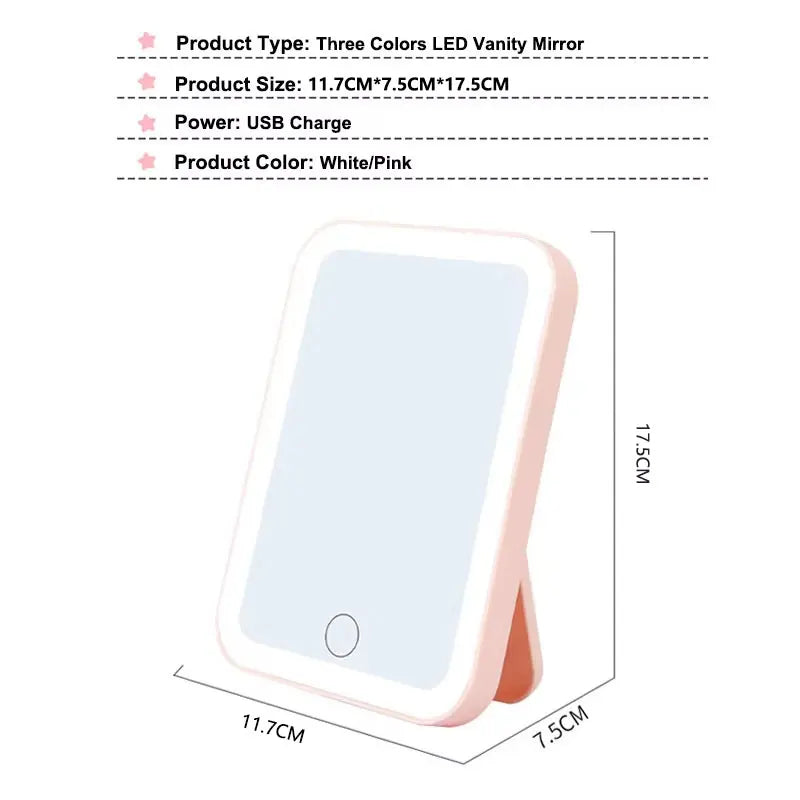 3 Colors LED Vanity Mirror with Touch Screen USB Rechargeable Dimming Makeup Mirror Portable