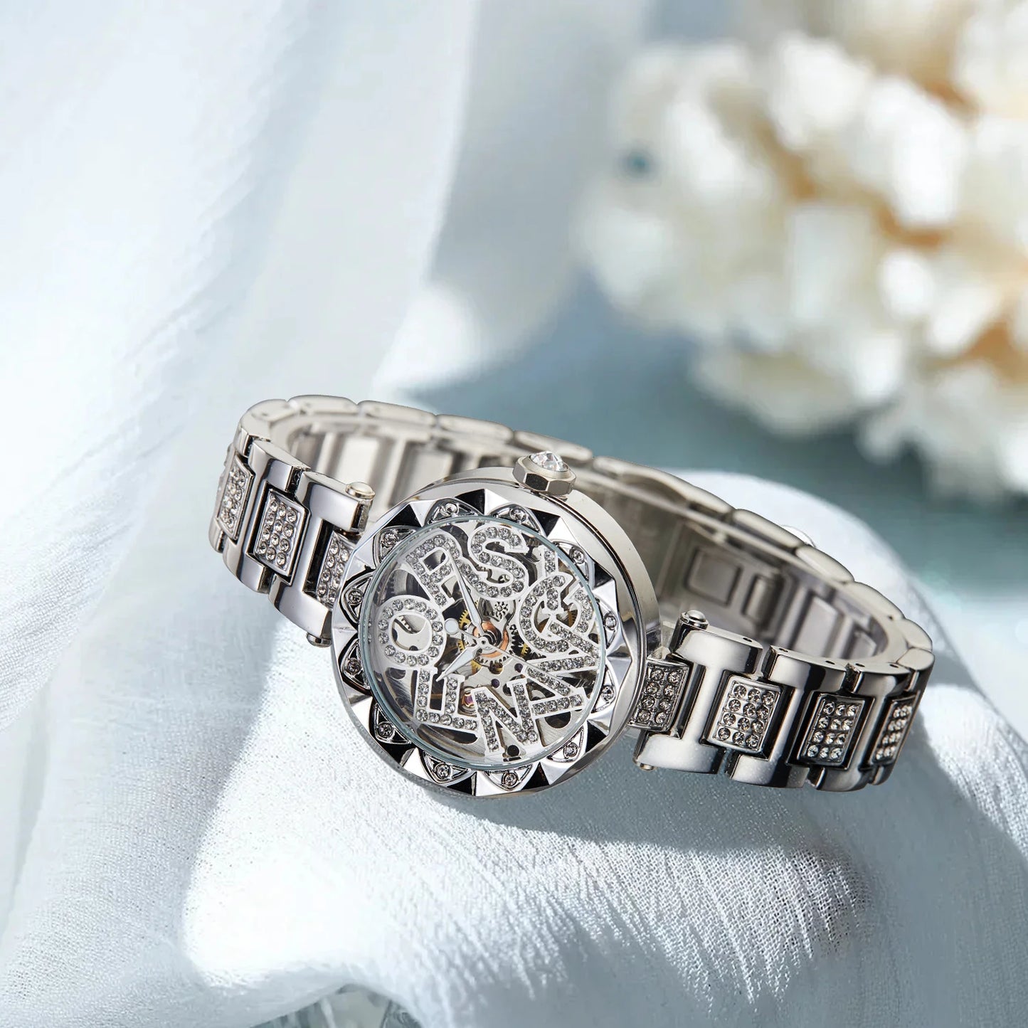 Luxury Brands Fashion 2025 New Women's Watches 3D Diamond Stainless Steel Skeleton Mechanical Clock Elegant Ladies Wedding Gift