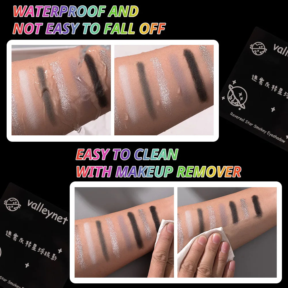 9 Colors Eye Shadow Palette Dark Black Grey Silvery Shimmer Matte Finish Smokey Style for Stage Party Performance Makeup