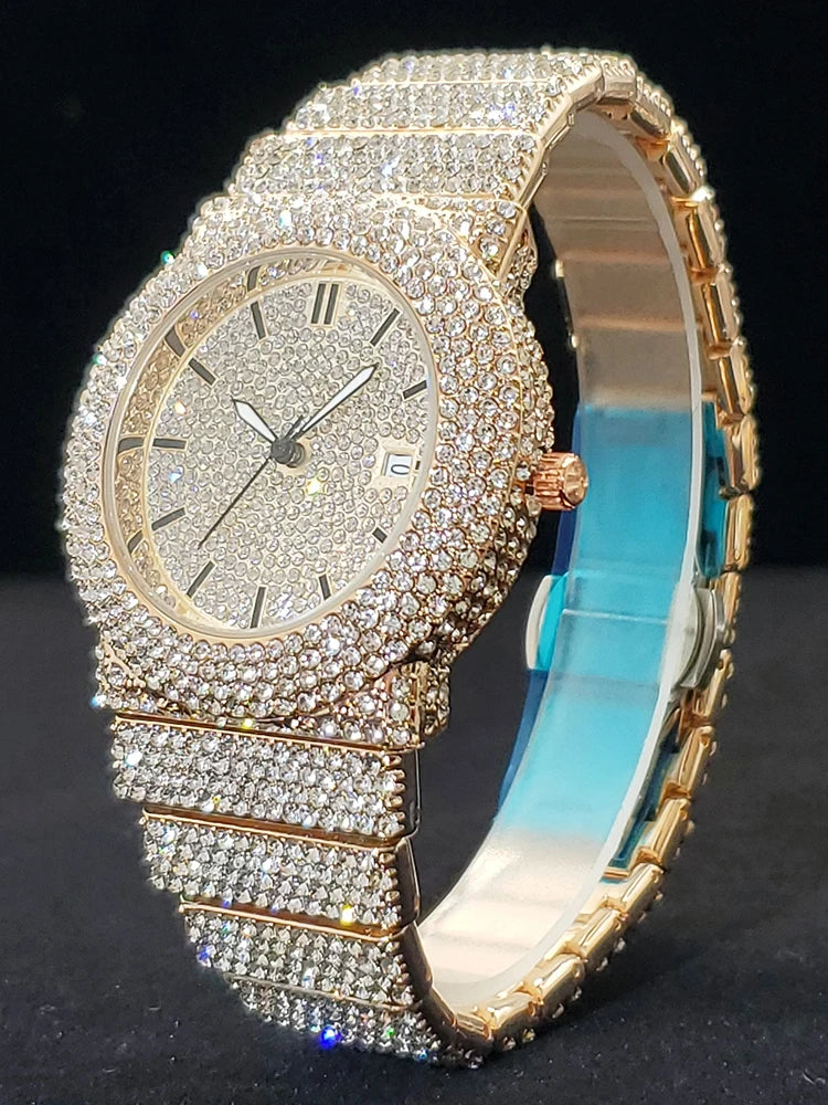 Luxury Watches For Men Full Diamond Iced Hip Hop Stylish Quartz Watch For Male Waterproof Calendar Men's Wristwatches Gift New