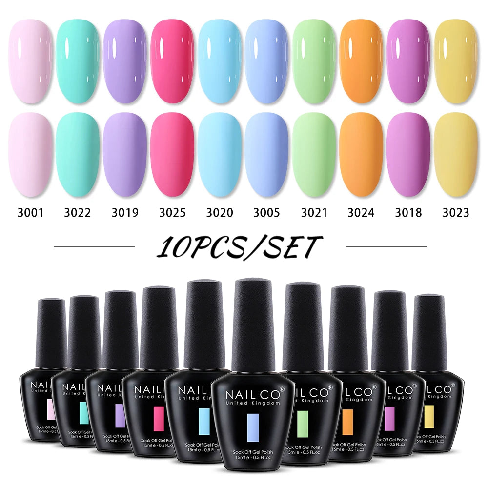 NAILCO 10PCS/Set Gel Nail Polish Gorgeous Full Coverage Semi Permanent Soak Off UV LED Gel Nail Art Base Top Coat Gel Polish Kit