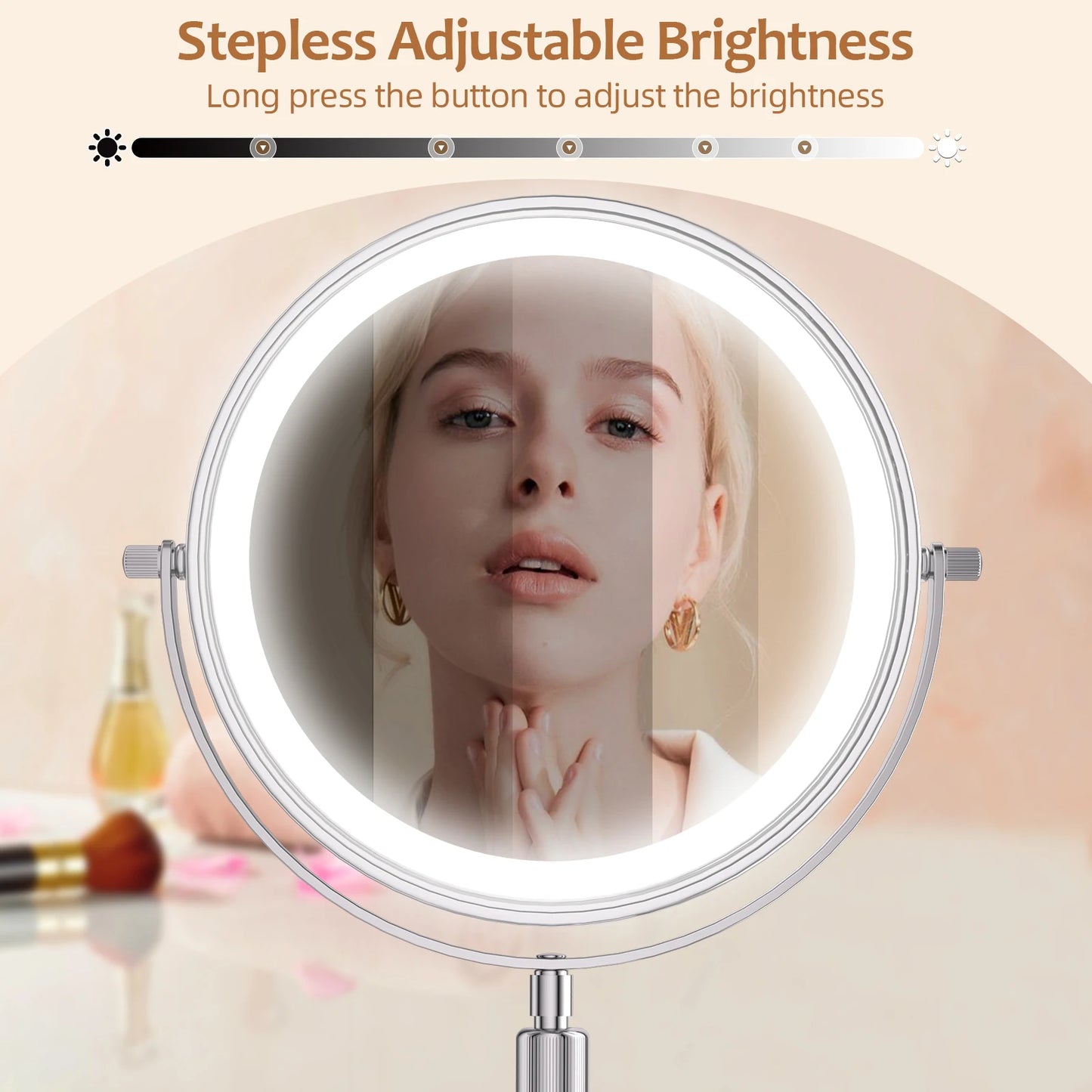 3 Color Lights Makeup Mirror With Light Lamp 10X Magnification 8 Inch Adjustable Brightness Height Standing Cosmetic Mirror