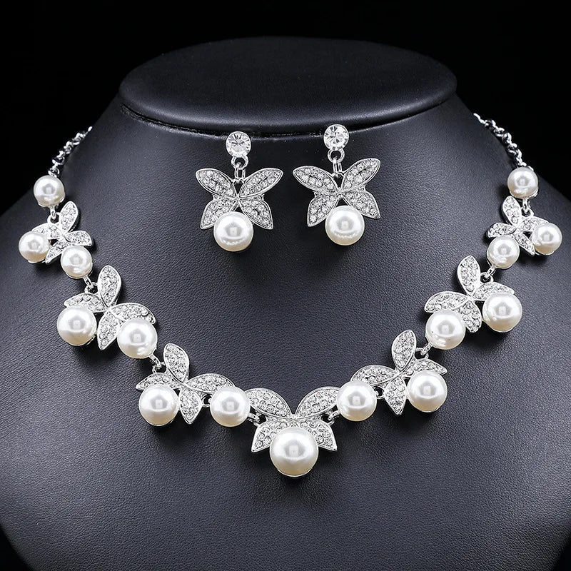 3PCS Wedding Jewellery Necklace Set Pearl Earrings Women Head Accessories Bridal Rhinestones Necklace Sets
