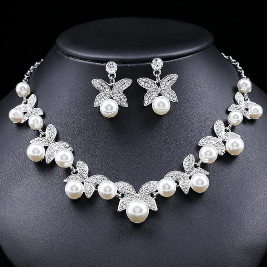 3PCS Wedding Jewellery Necklace Set Pearl Earrings Women Head Accessories Bridal Rhinestones Necklace Sets